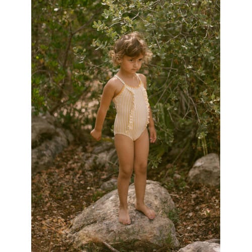 LIL' ATELIER MINI badpak NMFFARROW met ruches geel wit Meisjes Polyester 116