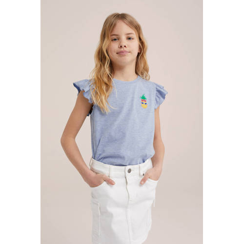 WE Fashion T-shirt met printopdruk en ruches lichtblauw Meisjes Katoen Ronde hals 158 164