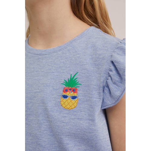 WE Fashion T-shirt met printopdruk en ruches lichtblauw Meisjes Katoen Ronde hals 158 164