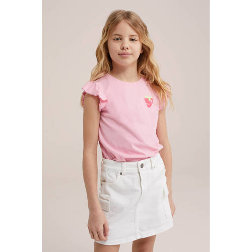 WE Fashion T-shirt met printopdruk en ruches roze Meisjes Katoen Ronde hals 158 164