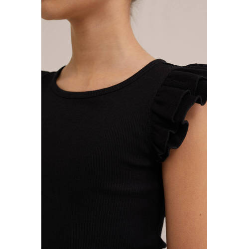 WE Fashion T-shirt zwart Meisjes Stretchkatoen Ronde hals Effen 134 140