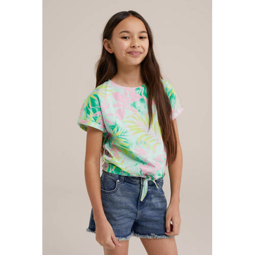 WE Fashion T-shirt met all over print wit groen roze Meisjes Katoen Ronde hals 98 104