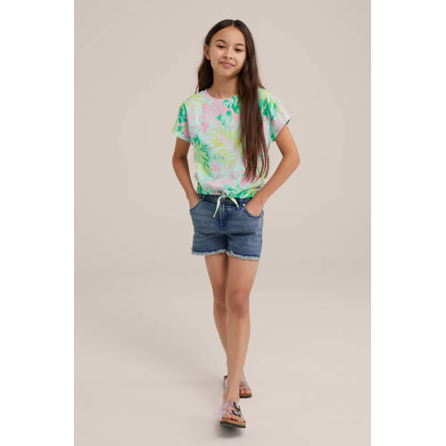 WE Fashion T-shirt met all over print wit groen roze Meisjes Katoen Ronde hals 98 104