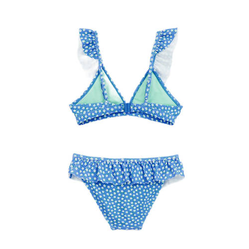 WE Fashion triangel bikini met ruches blauw wit Meisjes Gerecycled polyamide 122 128