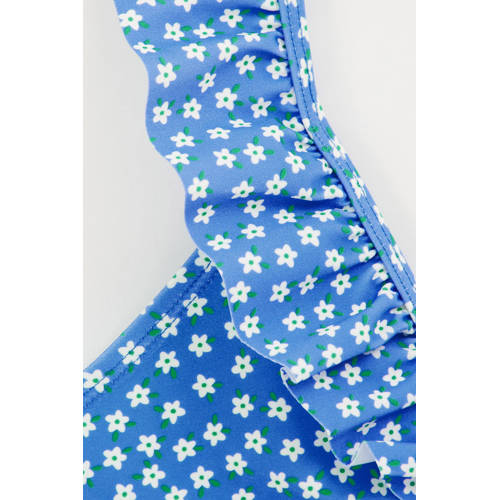 WE Fashion triangel bikini met ruches blauw wit Meisjes Gerecycled polyamide 122 128