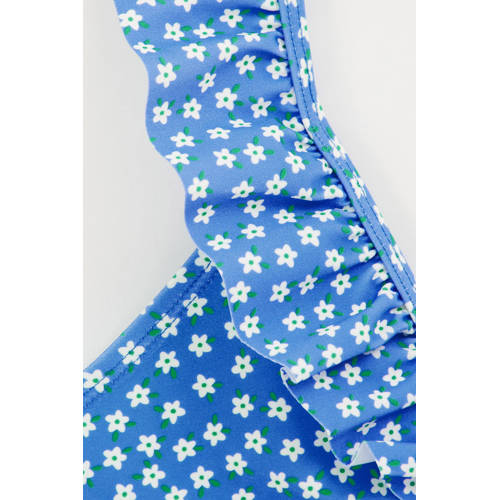 WE Fashion triangel bikini met ruches blauw wit Meisjes Polyamide Bloemen 122 128