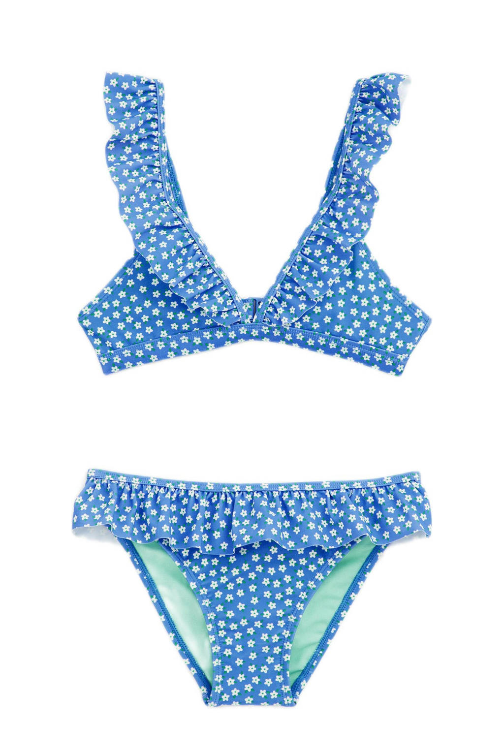 WE Fashion triangel bikini met ruches blauw/wit