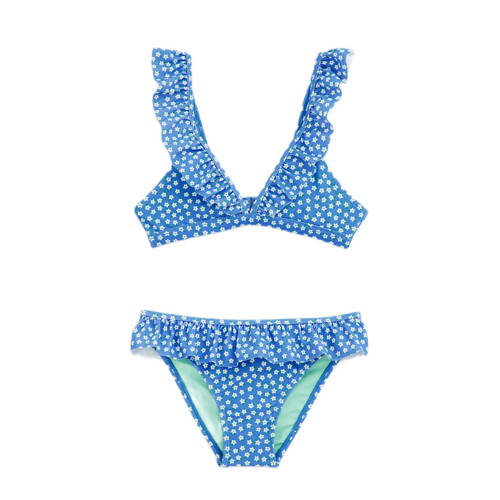 WE Fashion triangel bikini met ruches blauw/wit Meisjes Polyamide Bloemen