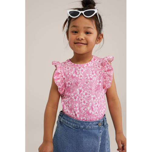 WE Fashion gebloemd T-shirt roze Meisjes Katoen Ronde hals Bloemen 134 140