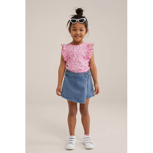 WE Fashion gebloemd T-shirt roze Meisjes Katoen Ronde hals Bloemen 134 140
