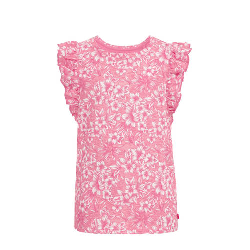WE Fashion gebloemd T-shirt roze Meisjes Katoen Ronde hals Bloemen
