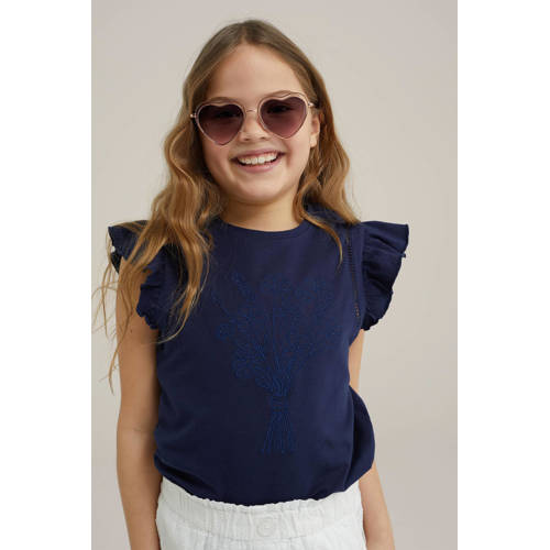 WE Fashion T-shirt donkerblauw Meisjes Stretchkatoen Ronde hals Effen 122 128