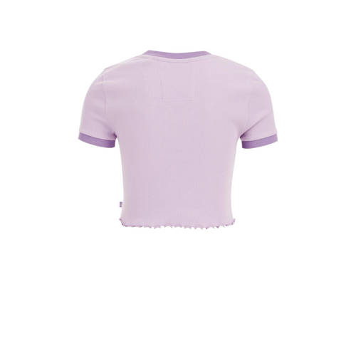 WE Fashion T-shirt met tekst lila Paars Meisjes Stretchkatoen Ronde hals 122 128