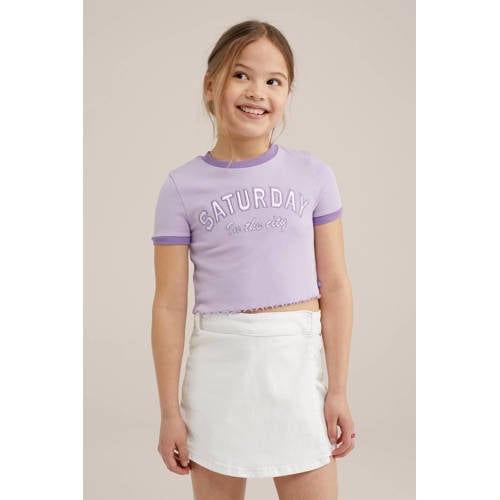 WE Fashion T-shirt met tekst lila Paars Meisjes Stretchkatoen Ronde hals 122 128