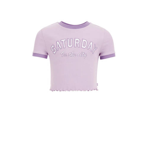 WE Fashion T-shirt met tekst lila Paars Meisjes Stretchkatoen Ronde hals