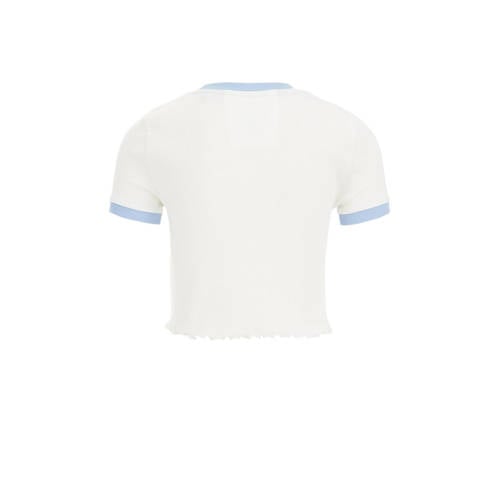WE Fashion T-shirt met tekst wit blauw Meisjes Stretchkatoen Ronde hals 122 128