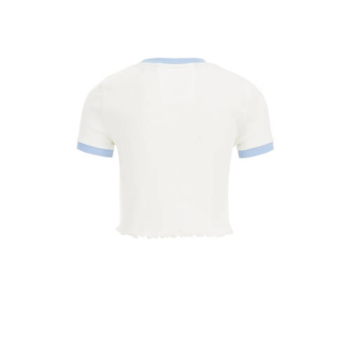 WE Fashion T-shirt met tekst wit blauw Meisjes Stretchkatoen Ronde hals 122 128