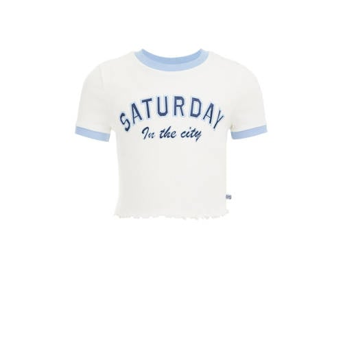WE Fashion T-shirt met tekst wit/blauw Meisjes Stretchkatoen Ronde hals