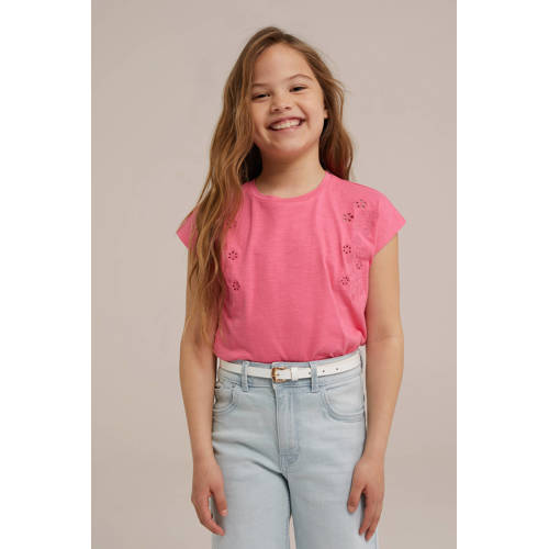 WE Fashion T-shirt roze Meisjes Stretchkatoen Ronde hals Effen 134 140