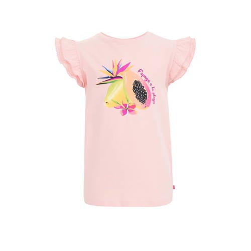 WE Fashion T-shirt met printopdruk en ruches lichtroze Meisjes Stretchkatoen Ronde hals - 110/116