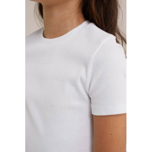 WE Fashion T-shirt wit Meisjes Biologisch katoen Ronde hals Effen 122 128