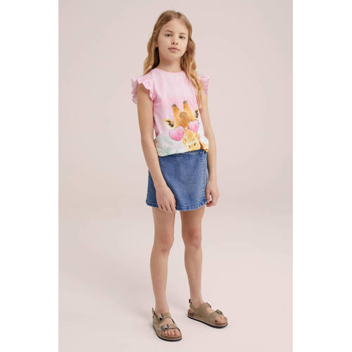 WE Fashion T-shirt met printopdruk en ruches roze Meisjes Katoen Ronde hals 146 152