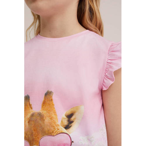 WE Fashion T-shirt met printopdruk en ruches roze Meisjes Katoen Ronde hals 146 152