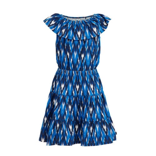 WE Fashion jurk met all over print blauw Meisjes Stretchkatoen Ronde hals