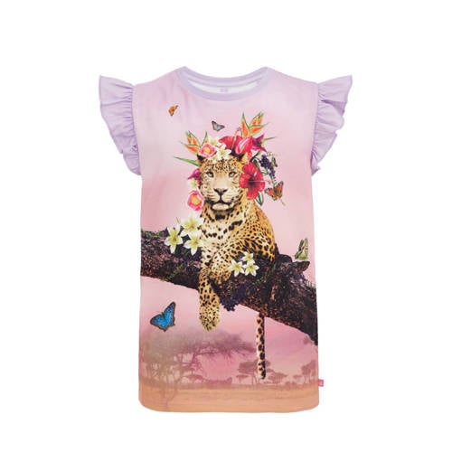 WE Fashion T-shirt met printopdruk en ruches multi Roze Meisjes Katoen Ronde hals