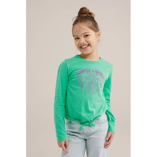 WE Fashion longsleeve met printopdruk groen Meisjes Katoen Ronde hals Printopdruk 98 104