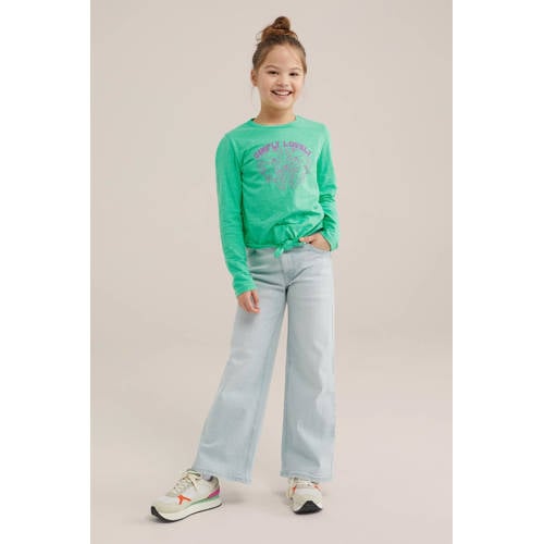 WE Fashion longsleeve met printopdruk groen Meisjes Katoen Ronde hals Printopdruk 98 104
