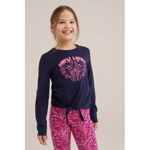 WE Fashion longsleeve met printopdruk donkerblauw Meisjes Katoen Ronde hals 92