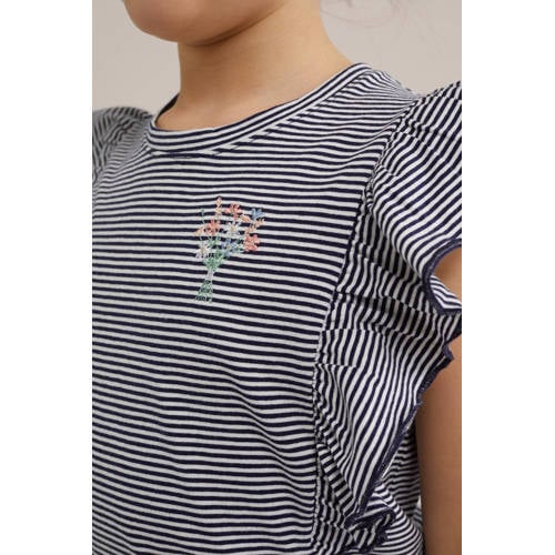 WE Fashion gestreept T-shirt donkerblauw wit Top Meisjes Stretchkatoen Ronde hals 170 176