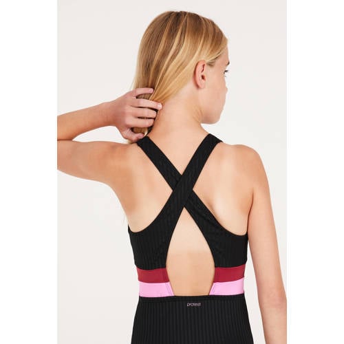 Protest badpak PRTSAFA JR zwart roze Meisjes Polyester Streep 140