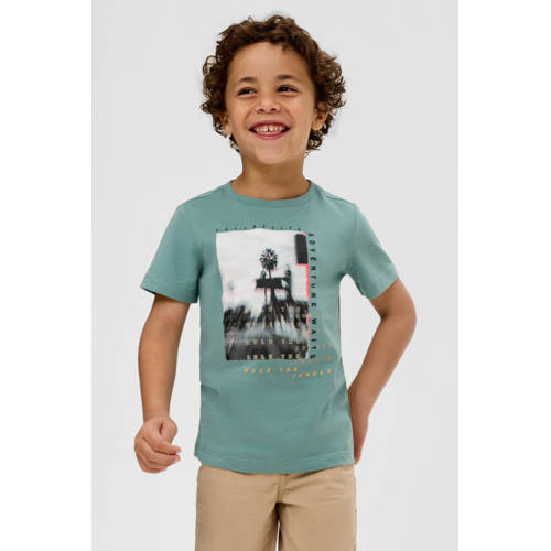 s.Oliver T-shirt met printopdruk turquoise Blauw Jongens Katoen Ronde hals 140