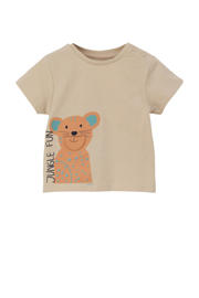 thumbnail: Beige jongens s.Oliver baby T-shirt van katoen met printopdruk, korte mouwen, ronde hals en drukknoopsluiting