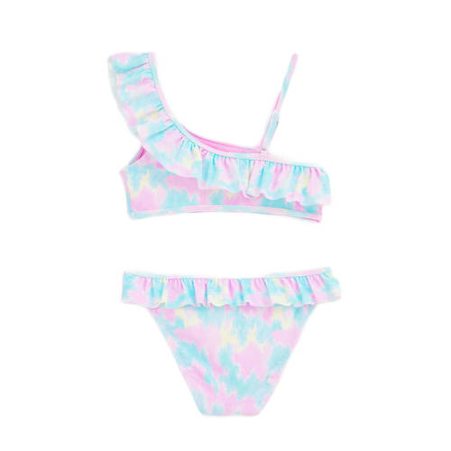 WE Fashion one shoulder bikini met ruches lichtblauw roze Meisjes Polyamide 146 152