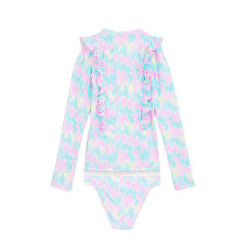 WE Fashion UV T-shirt met bikinibroekje lichtblauw roze UV shirt Meisjes Polyamide Ronde hals 92