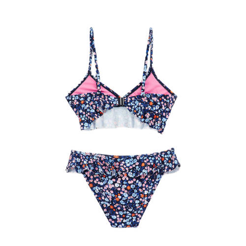 WE Fashion crop bikini met ruches donkerblauw roze Meisjes Polyamide Bloemen 170 176
