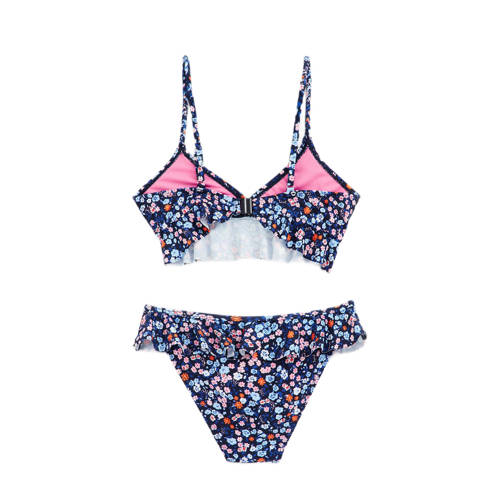 WE Fashion crop bikini met ruches donkerblauw roze Meisjes Gerecycled polyamide 170 176