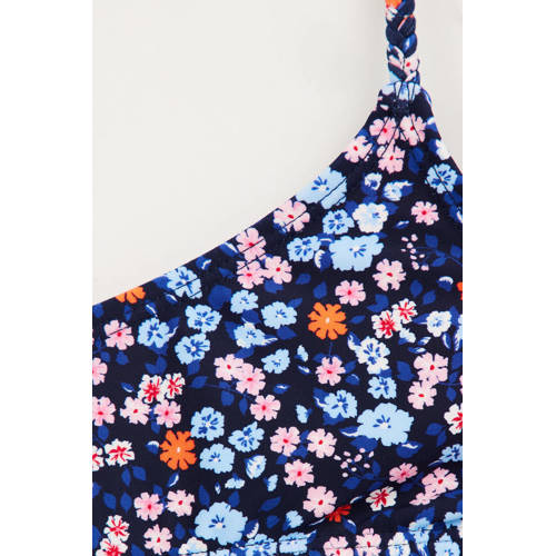 WE Fashion crop bikini met ruches donkerblauw roze Meisjes Polyamide Bloemen 170 176