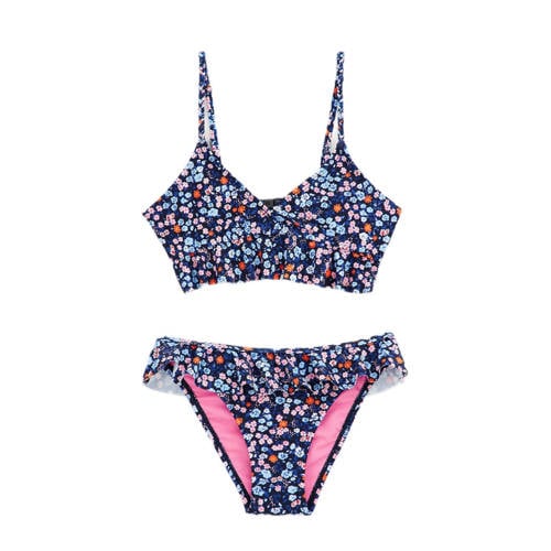 WE Fashion crop bikini met ruches donkerblauw/roze Meisjes Polyamide - 110/116