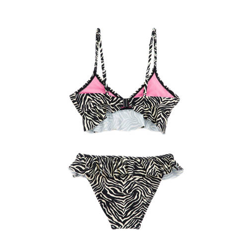 WE Fashion crop bikini met ruches zwart wit Meisjes Gerecycled polyamide 134 140