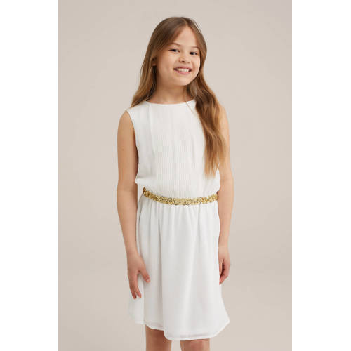 WE Fashion jurk met all over print Wit Meisjes Polyester Ronde hals Effen 110 116
