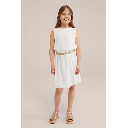 WE Fashion jurk met all over print Wit Meisjes Polyester Ronde hals Effen 110 116