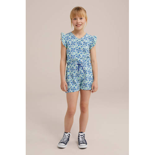 WE Fashion playsuit met all over print blauw Meisjes Stretchkatoen Ronde hals 110 116