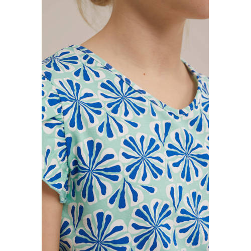 WE Fashion playsuit met all over print blauw Meisjes Stretchkatoen Ronde hals 110 116