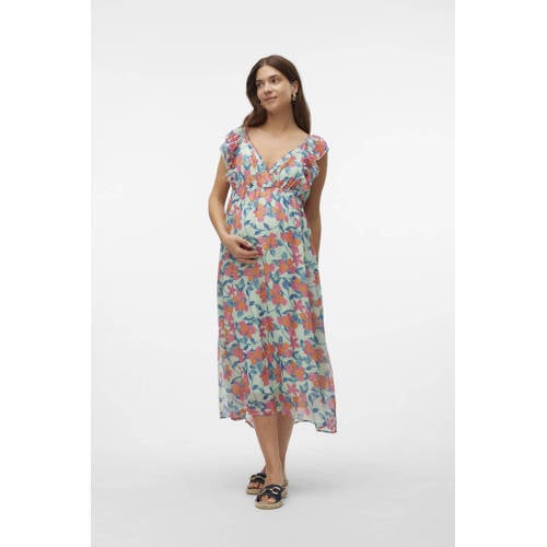 Mamalicious gebloemde zwangerschapsjurk MLADA mintgroen roze Dames Polyester V-hals S