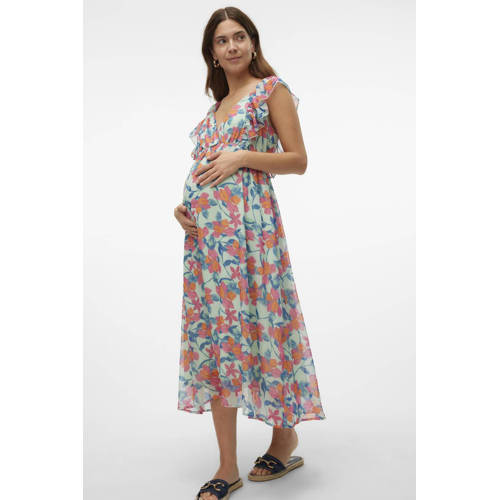 Mamalicious gebloemde zwangerschapsjurk MLADA mintgroen roze Dames Polyester V-hals S