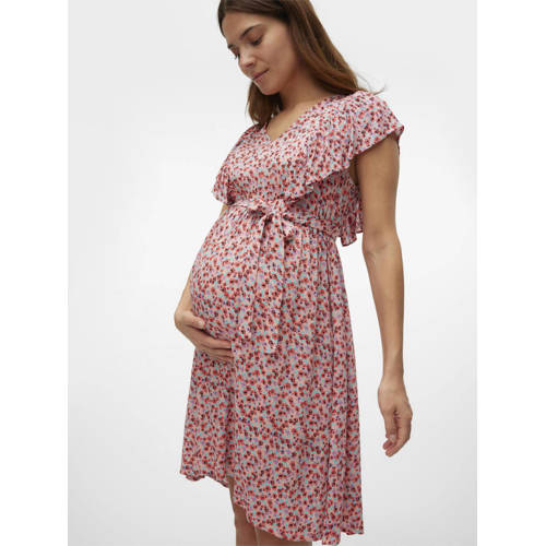 Mamalicious zwangerschaps- en voedingsjurk MLNIKI met all over print en ruches roze Dames Viscose V-hals XL